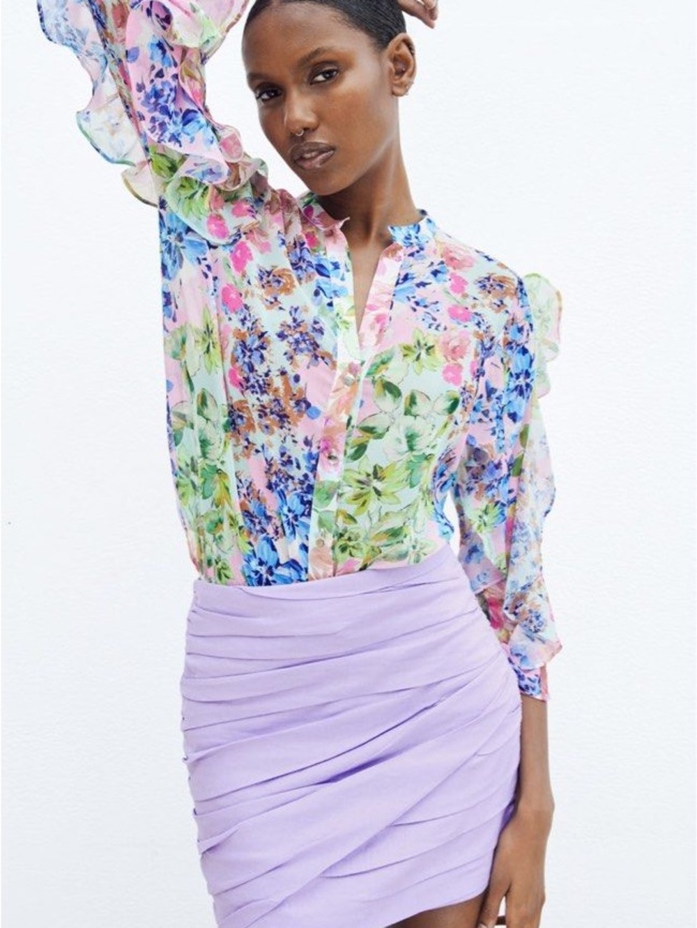 Zara Multicolor Pastel Floral Ruffle-Sleeve Blouse
